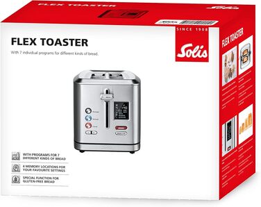 Тостер Solis Flex Typ 8004 Premium нержавіюча сталь: 7 програм, широкі слоти, LCD-дисплей, підставка для булочок, 950 Вт