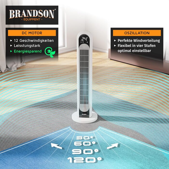 Вентилятор tower Brandson DC надтихий - з еко-дизайном, 12 швидкостей, 4 режими (нормальний, природа, сон, авто), з функцією коливання