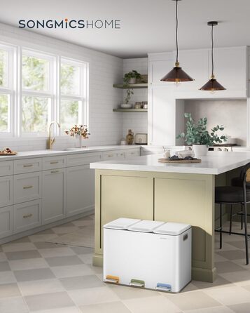 Сортувальний смітник для кухні SONGMICS HOME, 3×15 л, сталевий, з кришками, внутрішніми відрами та педалями, для роздільного збору сміття, білий