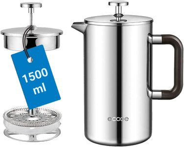Френч-прес Ecooe 1,5 л з нержавіючої сталі 18/10, подвійні стінки, 3 фільтри, для кави, велика місткість