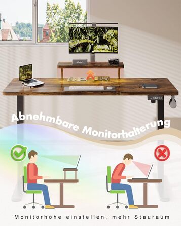 Регульований по висоті письмовий стіл Airfish 160 x 70 см з підставкою для монітора, колір Vintage Brown