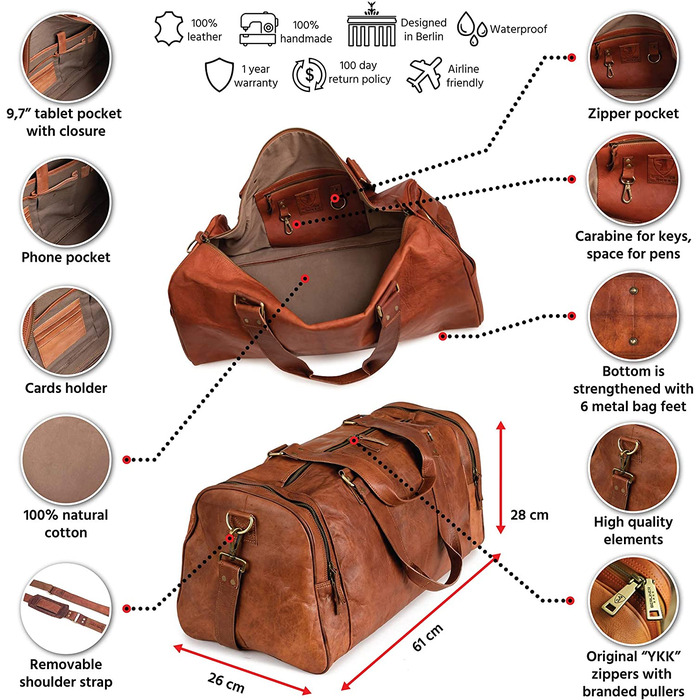 Шкіряна дорожня сумка Berliner Bags Oslo, 45л, коричнева, з 2 зовнішніми кишенями, для чоловіків і жінок
