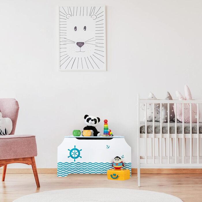 Іграшкова скриня Relaxdays Seemann з кришкою, 46x84x42,5 см, біло-синя, з відділенням для книг, ігрова коробка для зберігання іграшок