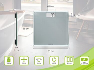 Цифрова вага Soehnle Style Sense Compact 300 для людей, з великою платформою, LCD-дисплеєм, ультратонкий дизайн, скло, сіра