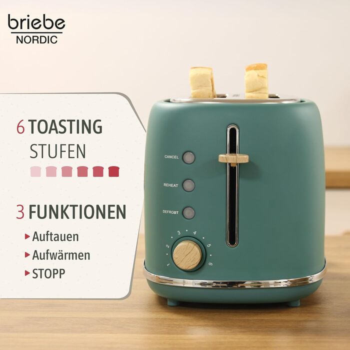 Тостер Briebe Nordic Set 2-слотовий з підставкою для булочок, 6 режимів + Електричний чайник 1.7л 2200W, BPA-free, Набір для сніданку в скандинавському дизайні (Зелений)