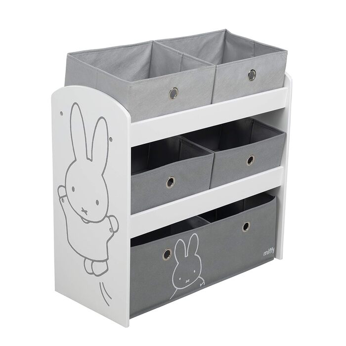 Дитячий ігровий стелаж roba miffy® з 5 сірими тканинними ящиками, білий дерев'яний органайзер з кроликом для іграшок у дитячу кімнату для хлопчиків і дівчаток