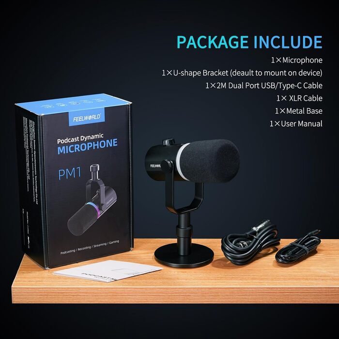 FEELWORLD PM1 Динамічний мікрофон XLR/USB з RGB-підсвічуванням для подкастів, геймінгу та YouTube. Комплект з підставкою та кабелем