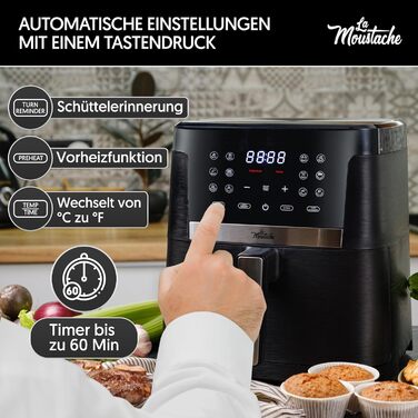 La Moustache Pro Smart Фритюрниця без олії 7 л, 1800 Вт, 12 програм, цифрове управління, антипригарна, з таймером, чорна, з електронною книгою рецептів