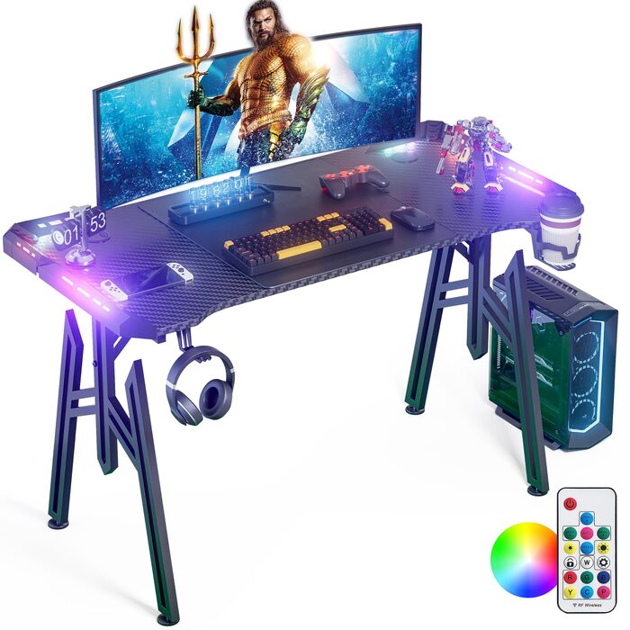 LED ігровий стіл FIVMEN 120x60 см з підсвіткою, тримачем для напоїв та гачком для навушників. Стіл для комп'ютера, геймінговий стіл з карбоновим покриттям, M-Frame 120 см