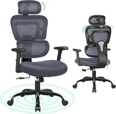 Ергономічне офісне крісло DoChair з 3D підголівником, регульованими підлокітниками та висотою сидіння, динамічною спинкою, світло-блакитне