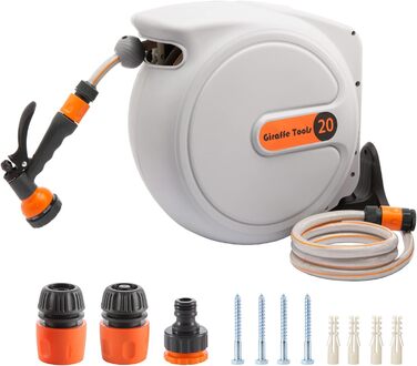 Спіральний шланг для саду Giraffe Tools Wandmontierte Schlauchbox з автоматичним намотуванням, 2м + 20м, 7 насадок, поворотний на 180°
