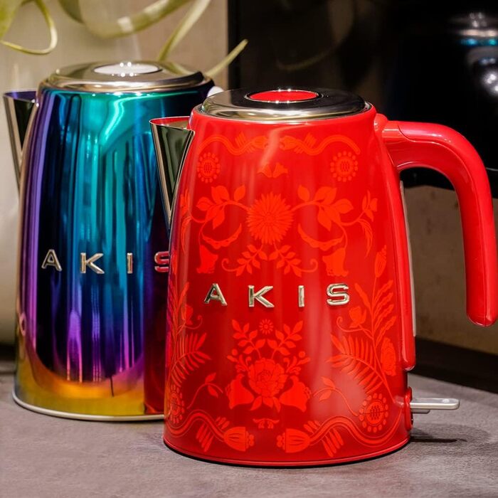 Електрочайник AKIS La Fête Design 1,7 л, 2400 Вт, нержавіюча сталь, з фільтром від накипу, ретро стиль, червоний з квітковим візерунком бароко