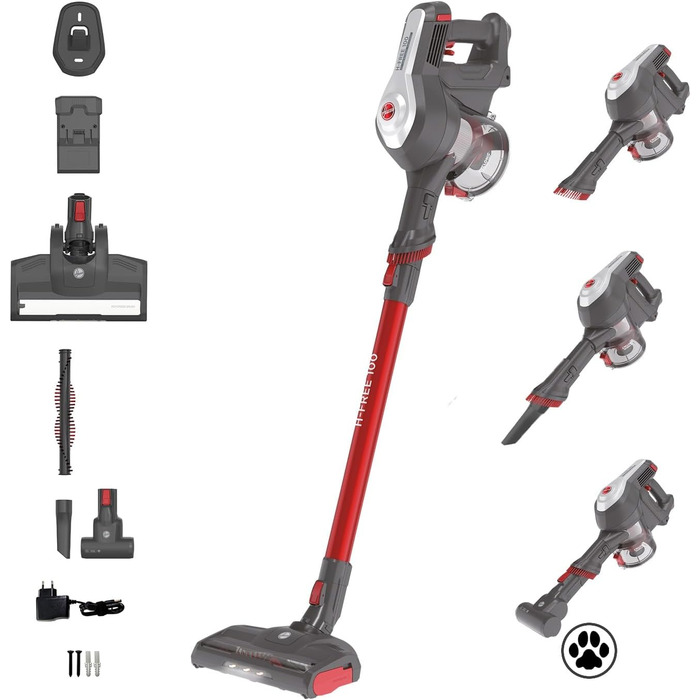 Пилосос Hoover H-FREE 100 PETS для прибирання шерсті тварин, акумуляторний, без мішка, з насадкою для тварин, до 40 хв роботи, бездротовий, LED-підсвітка, XL контейнер, функція паркування, насадка-щіточка, червоний/титан