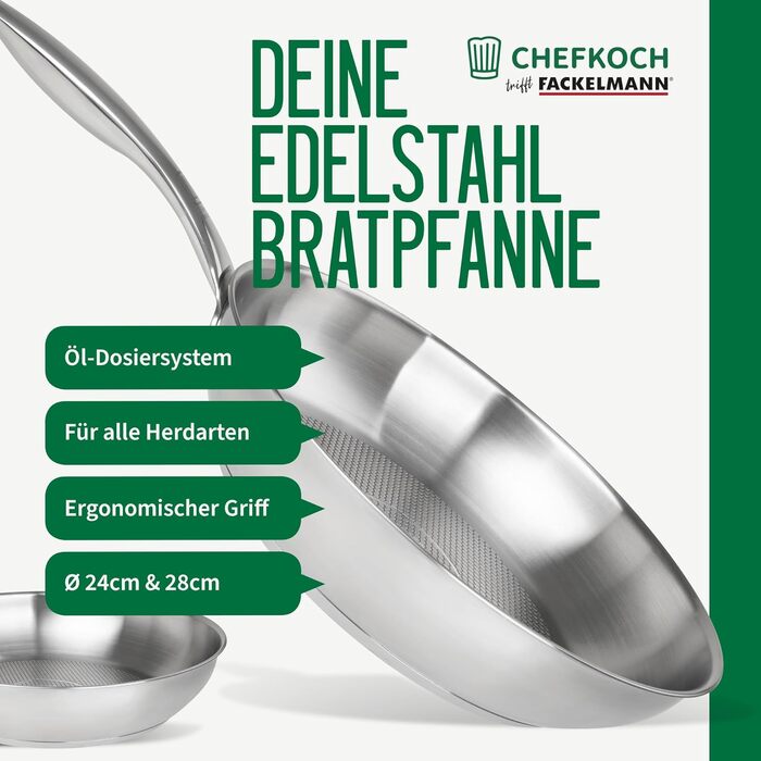 Набір сковорідок Fackelmann Chefkoch München зі сталі, 2 шт. (24 та 28 см), для індукційних плит, підходять для посудомийних машин