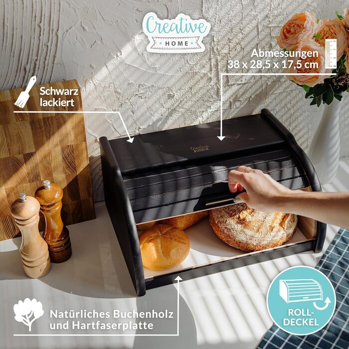 Дерев'яний хлібниця Creative Home Schwarz з роллетною кришкою, 38x28,5x17,5 см – натуральна скринька для зберігання хліба, булочок та випічки для кухні