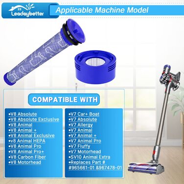 Набір з 3 HEPA фільтрів для пилососа Dyson V8/V7 Animal Absolute Motorhead, змінні післямоторний і передмоторний фільтри, аксесуари, сумісні з моделями #965661-01, #967478-01