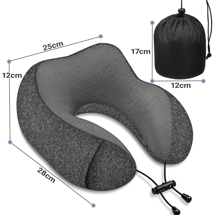 Подушка під шию для подорожей з ефектом пам'яті (Memory Foam) з 3D-маскою для сну та берушами, сіра