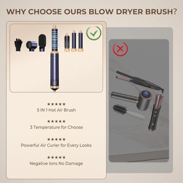 UKLISS Hairstyler 6-в-1: Професійний фен-щітка, стайлер для волосся, плойка, випрямляч – 1000 Вт, срібно-золотий