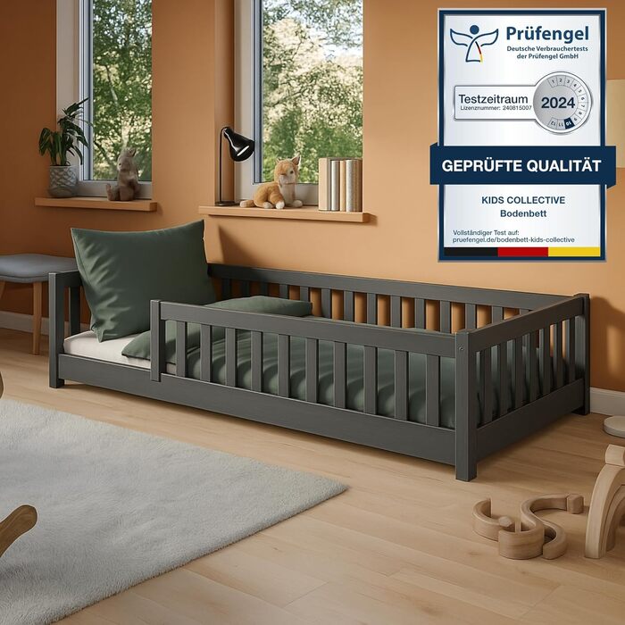 Дитяче ліжко Kids Collective Kinderbett з бортиками та ламелями, 90x190 см, сірий графіт | Ліжко-платформа, Монтессорі, для дітей та підлітків