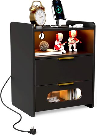 Тумба приліжкова Lvhecforhm з розеткою та USB, чорна, LED підсвітка з регулюванням кольору, відкриті полиці, 2 шухляди, для спальні, 50x40x64 см