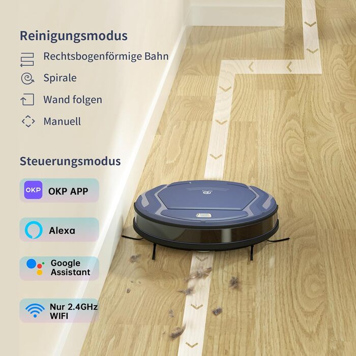Робот-пилосос OKP 2100Pa з Wi-Fi, суперобладна модель з керуванням через додаток та голосовим керуванням Alexa. Час роботи до 100 хвилин, самостійне заряджання, тиха робота, підходить для прибирання шерсті тварин, підлоги та килимів. Модель K2