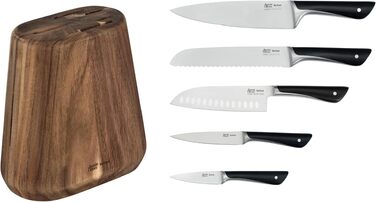 Набір кухонних ножів Jamie Oliver від Tefal з підставкою, 6 предметів: кухонний, сантоку, для хліба, універсальний та ніж для чищення, сталь з криозагартуванням, блок з акації, коричневий, K267S556