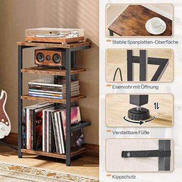 HOOBRO HiFi-тумба з 4 полицями для вінілу та аудіотехніки, вінтажний стиль, чорний/коричневий EBF42CJ01
