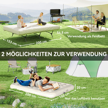 Похідне ліжко Outsunny Camping Bed з насосом для надувного матраца 200 x 153 см Гостьове ліжко з навантаженням до 200 кг Надзвичайно широкий кемпінговий шезлонг для 2 дорослих для кемпінгу Outdoor Garden Travel Чорний+Хакі