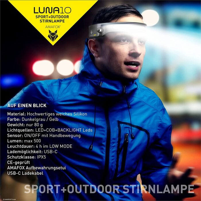 AMAFOX LUNA SPORT 2022 — LED налобний ліхтар для бігу, з заднім світлом і відбивачем, акумуляторний, надлегкий та зручний, антрацит