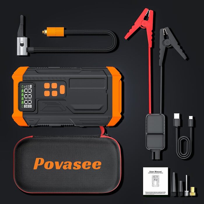 Пусковий пристрій (бустер) Povasee Starthilfe Powerbank 5000A для автомобіля (бензин/дизель до 10л), 12V з LCD-дисплеєм, USB-портами та LED-ліхтарем, помаранчевий