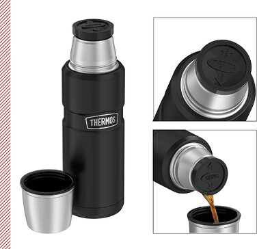 Термос із нержавіючої сталі Thermos 470 мл чорний матовий, ізольована пляшка для напоїв з кришкою-чашкою, зберігає тепло 12 годин і холод 24 години, герметична, без BPA, можна мити в посудомийній машині