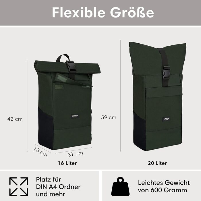 Рюкзак LARKSON Rolltop для жінок і чоловіків, водостійкий, з відділенням для ноутбука, для університету, роботи, подорожей і велосипеда, темно-зелений, універсальний розмір