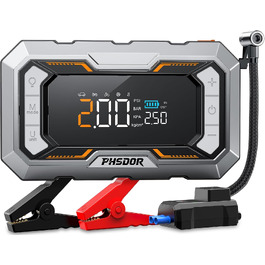 Пусковий пристрій (бустер) для авто 8000A з компресором 150 PSI та Powerbank 25000mAh, Jump Starter для бензинових та дизельних двигунів до 10.0L, з LED-ліхтарем (Помаранчевий & Сріблястий)