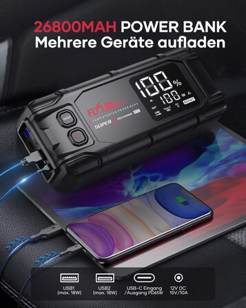 Powerbank Flylinktech 8000A для авто: стрибок старту, 26800mAh, PD65W, 8000A, для бензинових та дизельних двигунів (до 12.0L)