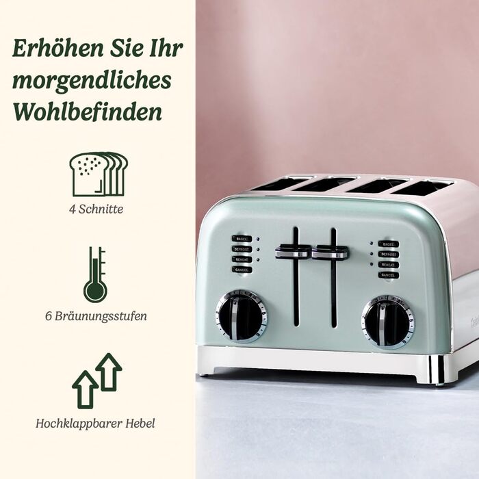 Тостер Cuisinart на 4 скибки, широкі слоти, 6 рівнів підсмажування, функція розморожування, підйомний важіль, для товстого хліба і бейгелів, пісташковий, сумісний чайник