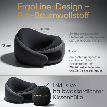 Подорожній нашийник Proglobe Luxe з ефектом пам'яті (Memory Foam), колір антрацит — ергономічна подушка під шию з підтримкою підборіддя та сумкою для зберігання