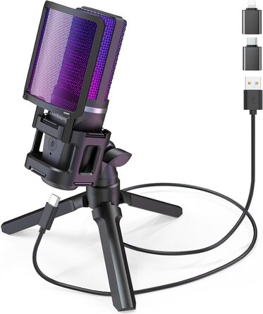 Ігровий USB-мікрофон Zealsound для ПК, стрімінгу, подкастів, студії, з адаптером Type-C, RGB-підсвіткою, кнопкою вимкнення звуку, штативом, поп-фільтром, антивібраційним кріпленням і виходом для навушників, сумісний з PS4, PS5, Mac, смартфонами