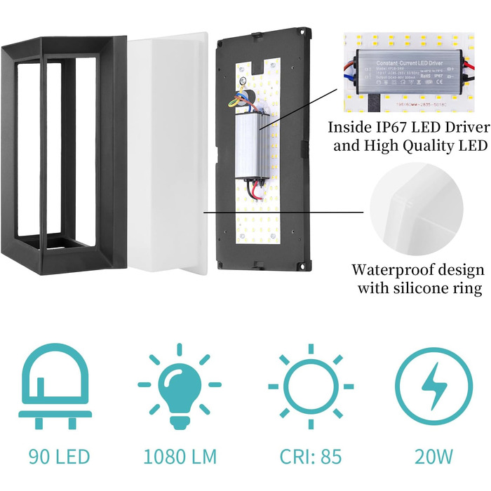 Сучасний настінний світильник Klighten для вулиці та дому, IP65, LED 3000K, чорний, PC + Алюміній, для входу, тераси та коридору