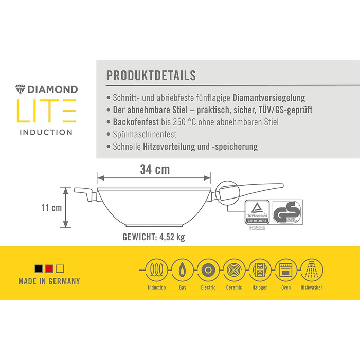 Сковорода-вок Woll Diamond Lite з кришкою, 34 см, алюмінієва, антипригарна, для всіх плит, індукційна, духовочна, антрацит