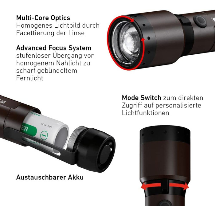 Ліхтарик Ledlenser P7R Signature LED з червоним світлом, акумулятором 21700, водонепроникний IP68, 2000 люмен, фокусування, дальність 330 м, із зарядкою та чохлом