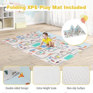 Дитячий манеж COSTWAY Laufstall з матрацом 189 x 158 см, з 50 м'ячиками та 4 ручками. Манеж-ігровий центр з дихаючим мережем для малюків (Світло-сірий)
