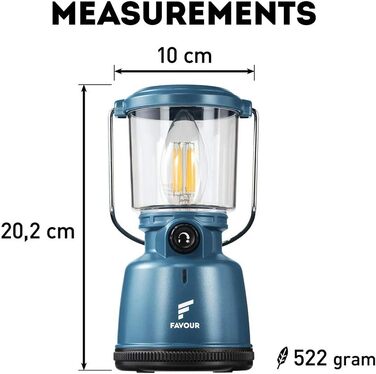 Favour Retro LED ліхтар для кемпінгу, акумуляторний, водонепроникний IP64, з диммером і режимом свічки, синій, ударостійкий, підвісний, знімний абажур, акумулятор у комплекті