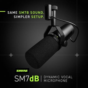 Мікрофон Shure SM7dB динамічний для мовлення, вокалу та подкасту з вбудованим підсилювачем, широкий частотний діапазон, теплий м'який звук, чорний