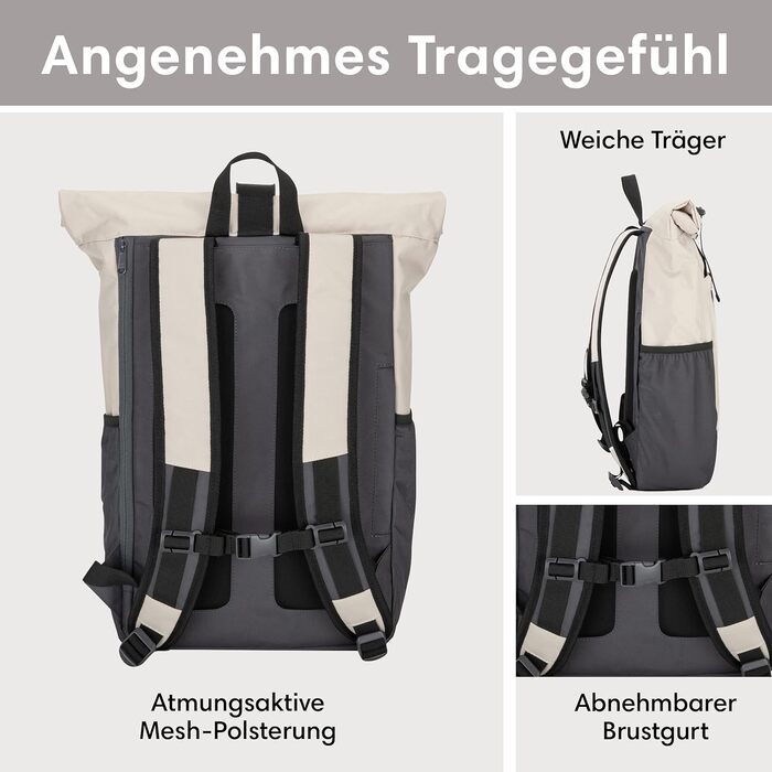 Жіночий рюкзак LARKSON Rolltop No 2, великий, водостійкий, антивандальний, для школи, університету, роботи, велосипеду, відсік для ноутбука 16'', еко-матеріал, бежево-сірий