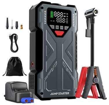 Пусковий пристрій (бустер) для авто Starthilfe 8000A з компресором 150 PSI, Powerbank 12V для бензинових та дизельних двигунів до 10л, LED-дисплей, сірий