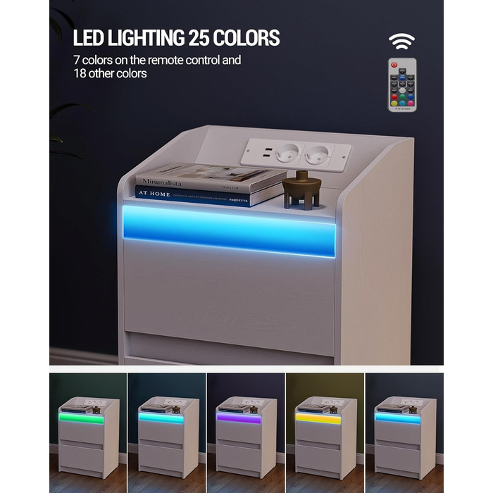 Приліжкові тумби з LED-підсвіткою, зарядною станцією, 2 шухлядами, USB-портами та розетками, стильні та універсальні, чорні, ідеальні для спальні та вітальні, модель NS30004X