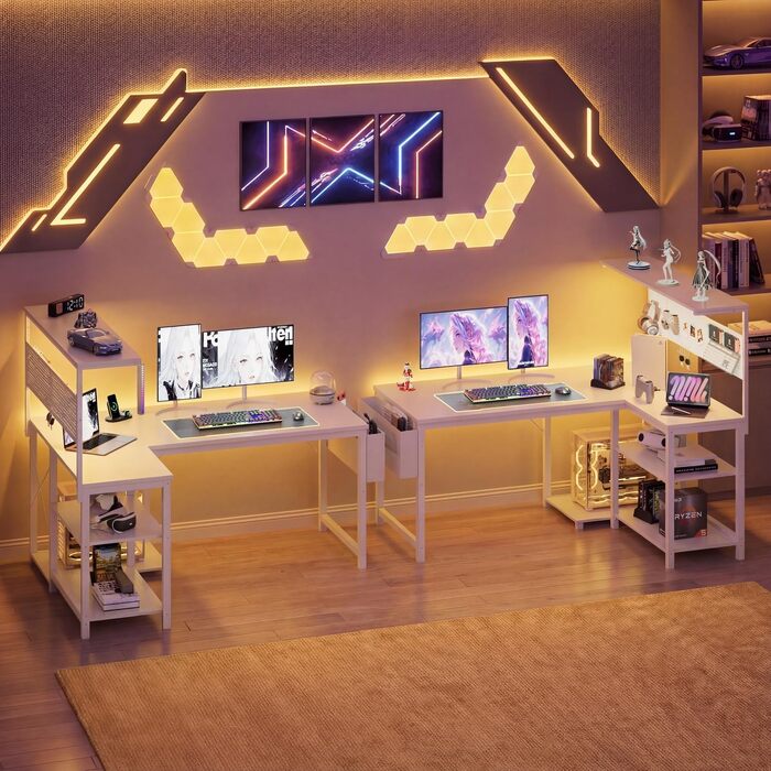 Ігровий стіл YOUDENOVA L-подібний з LED, розеткою USB, поличкою та перфорованою стінкою, 120x80 см. Комп'ютерний стіл для геймерів та дому, білий