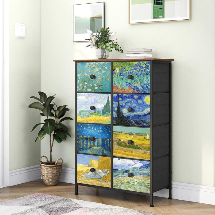 Вузька комод VEDECASA з 8 шухлядами Van Gogh для спальні, дитячої, вітальні, коридору, офісу, металевий каркас, дерев'яна стільниця, тканинні шухляди, 30×67×100 см