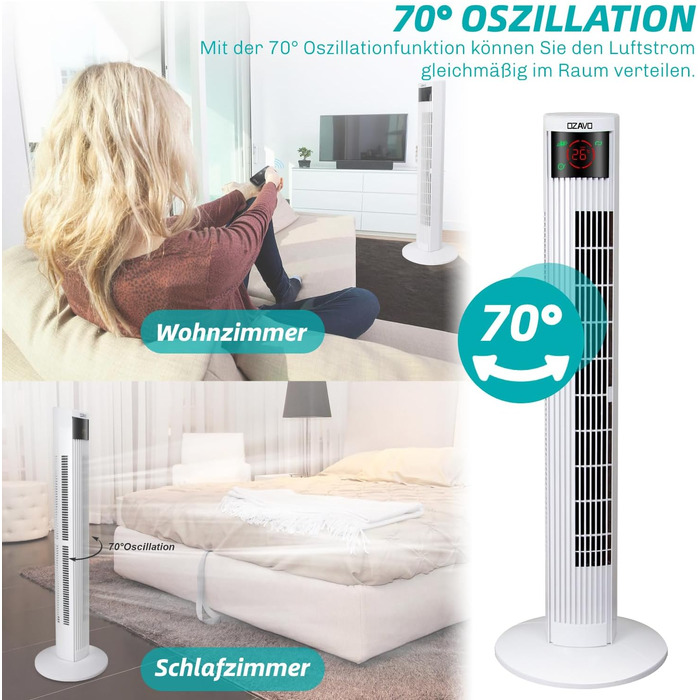 Вентилятор вежовий Turmventilator з пультом, LED-дисплеєм та таймером – 3 режими, 70° осциляція, 50 Вт, 97.5 см (білий)