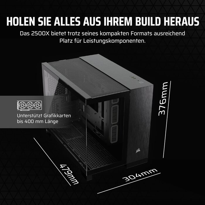 Комп'ютерний корпус CORSAIR 2500X mATX, подвійна камера, загартоване панорамне скло, підтримка інвертованої материнської плати, без вентиляторів, чорний/обсидіановий алюміній